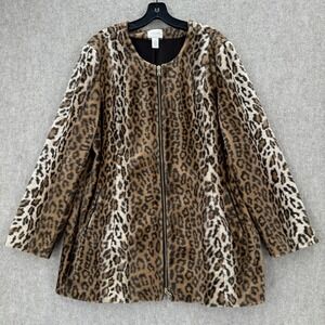 Chicos Leopard Print Faux Fur Zip Front Jacket Coat Size XL